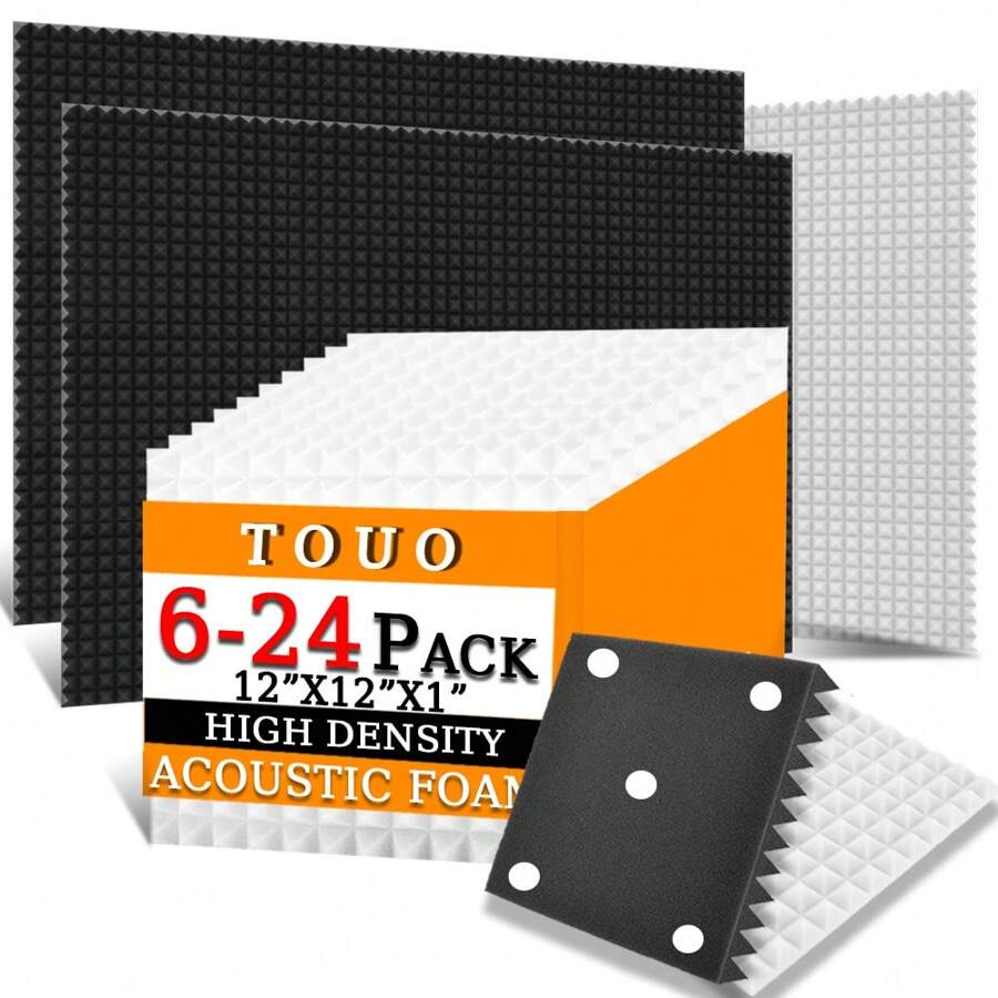 TOUO 6/12/24入組金字塔聲學泡棉板，高密度12"X12"X1"吸音材料，用於牆壁隔音保溫