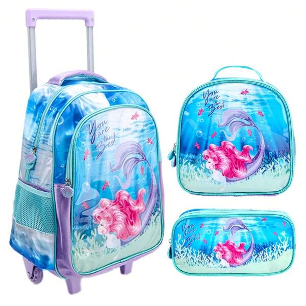 Mochila de Rodinha Infantil Menina Kit Escolar Mochila + Lancheira + Estojo Impermeável