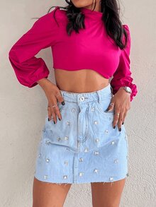 Women Denim Skirts - 中等水洗藍 - 查看 5