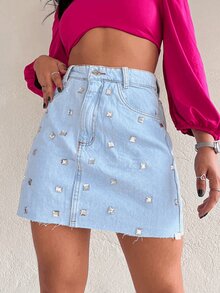 Women Denim Skirts - 中等水洗藍 - 查看 4