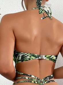 Ladies' Sexy Tropical Print Halter Neck Backless Drawstring Fashionable One-Piece Swimsuit Summer - Green - View 5