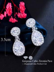 1pair Shiny Cubic Zirconia Long Water Drop Design Clip-On Earrings For Women's Wedding & Party, Non-Pierced Ear Style Jewelry Accessory - White - View 3