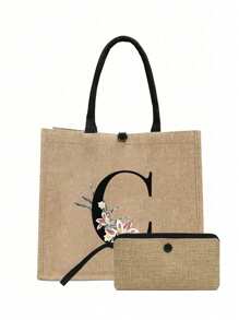 两件套，卡其色简约字母雏菊印花亚麻手提包，沙滩手提包带零钱包，便携式按扣，送给女朋友的礼物，多功能便携手提包，教师节礼物亚麻包