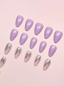 Sanrio 30pcs Lavender Purple Floral And Leaf Patterned Medium-Length Almond Press-On Nails For Gentle Spring Look + 1 Jelly Glue + 1 Nail File Set - Violet Purple - View 3