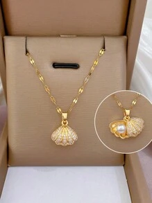 1pc Stainless Steel Micro-Inlaid Cubic Zirconia Hollowed-Out Shell Pearl Necklace - Yellow Gold - View 1