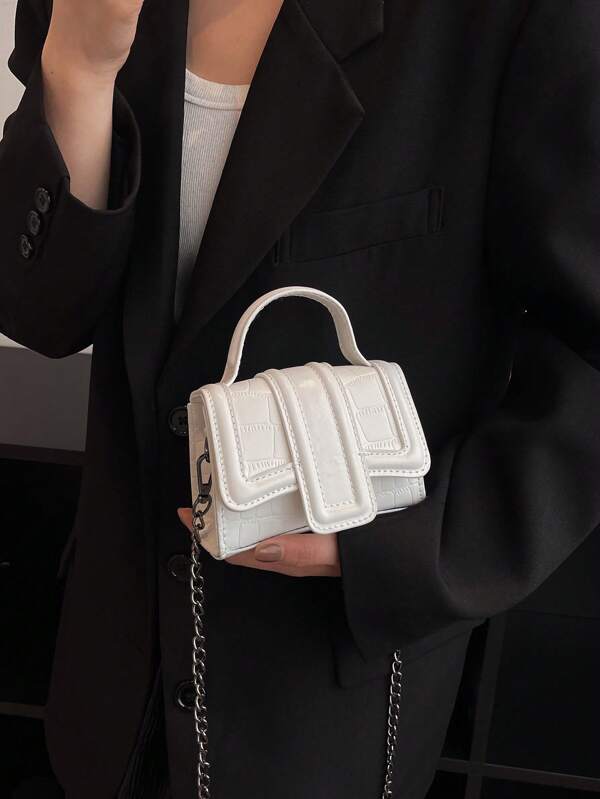 1 Peça bolsa de mão feminina Mini Branca de padrão crocodilo, bolsa quadrada com tampa dobrável, com corrente longa para usar a tiracolo, em material PU