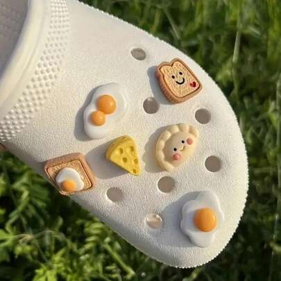 6入組3D鞋釦，可愛迷你早餐鞋釦，DIY女鞋裝飾扣禮物