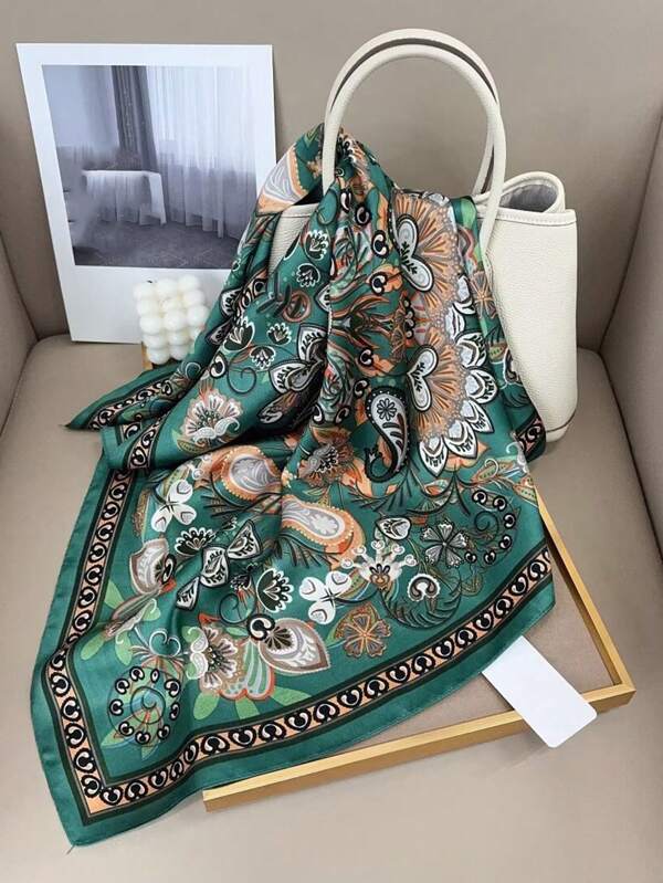 1pc Men's Casual Paisley & Floral Vintage Pattern Silky Bandana, Suitable For Travel And Vacation Outfits