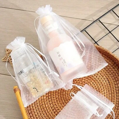 10 件装白色欧根纱珠宝礼品袋，抽绳封口防蛀网袋