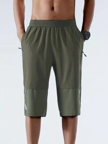 Pantalón capri de hombre de estilo novio, de secado rápido y transpirable, con estampado de letras - Verde militar - Ver 2