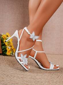 Women's High Heels With Rhinestone Butterfly Strap, Cross Strap Decoration, Ankle Buckle, Open Toe Stiletto Dress Sandals For Elegant Parties, Weddings And Formal Events, White Color Valentines