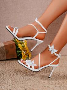 Women's High Heels With Rhinestone Butterfly Strap, Cross Strap Decoration, Ankle Buckle, Open Toe Stiletto Dress Sandals For Elegant Parties, Weddings And Formal Events, White Color Valentines