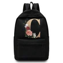 Lightweight,Portable Gold Letter Flower Printing Unisex Shoulder Backpack Outdoor Sport Bag Large Capacity Travel Hiking Rucksack Canvas Bags Casual School Bag Backpacks Laptop Organizer Zipper For Men Women Teenager Student School Backpack For College Students Perfect For College,Business, Work, Commute,Outdoors, Hiking, Travel, Climbing, Stadium, Sports, Outings ,Back To School - Black - View 24
