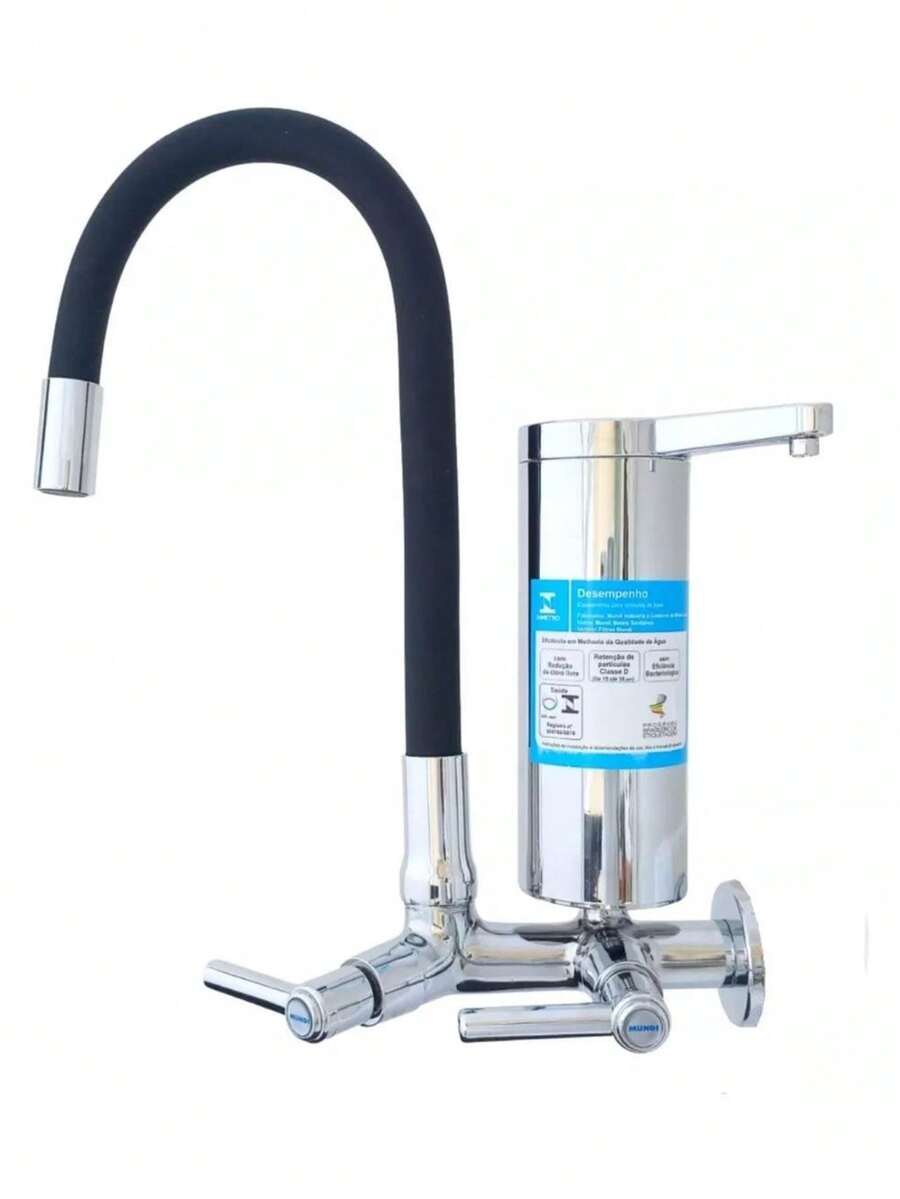 Torneira Gourmet Bica Móvel Para Parede de Cozinha Com Filtro Pró Saúde e Tubo Preto Flexível Com Arejador Cromado Acoplado 2161 C80