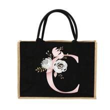 個性化首字母名字 A 到 Z 粉紅色花朵字母海灘粗麻布手提袋伴娘新娘派對女孩旅行禮物手提包黃麻大容量手提購物袋 - 黑色 - 查看 31