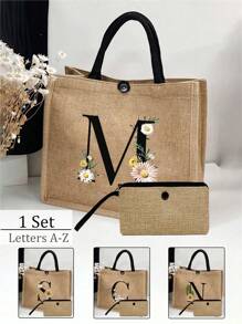 两件套，卡其色简约字母雏菊印花亚麻手提包，沙滩手提包带零钱包，便携式按扣，送给女朋友的礼物，多功能便携手提包，教师节礼物亚麻包
