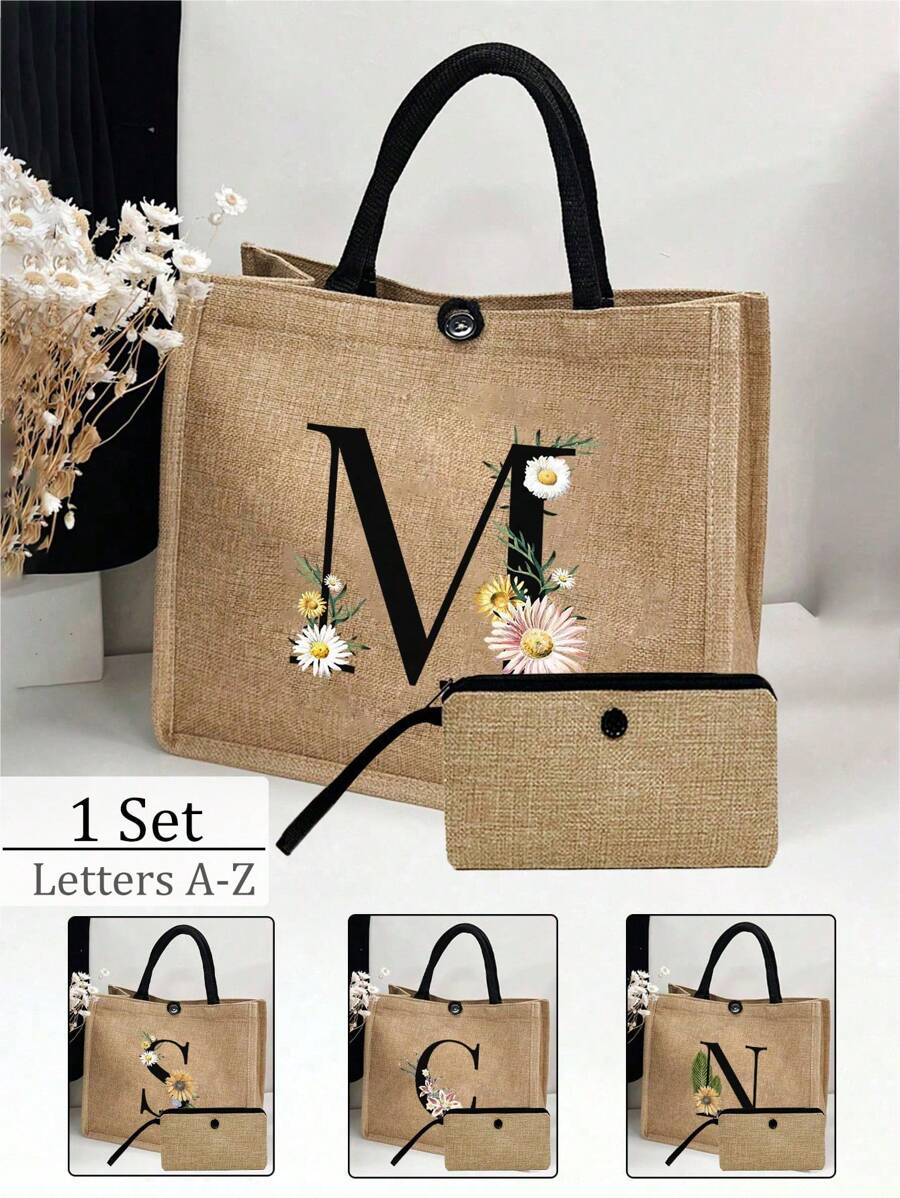 两件套，卡其色简约字母雏菊印花亚麻手提包，沙滩手提包带零钱包，便携式按扣，送给女朋友的礼物，多功能便携手提包，教师节礼物亚麻包