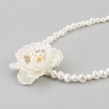 Mydear 1 件法式复古风格珍珠和水钻点缀花朵串珠项链，适合女性日常佩戴情人节、妈妈、母亲、母亲节、礼物