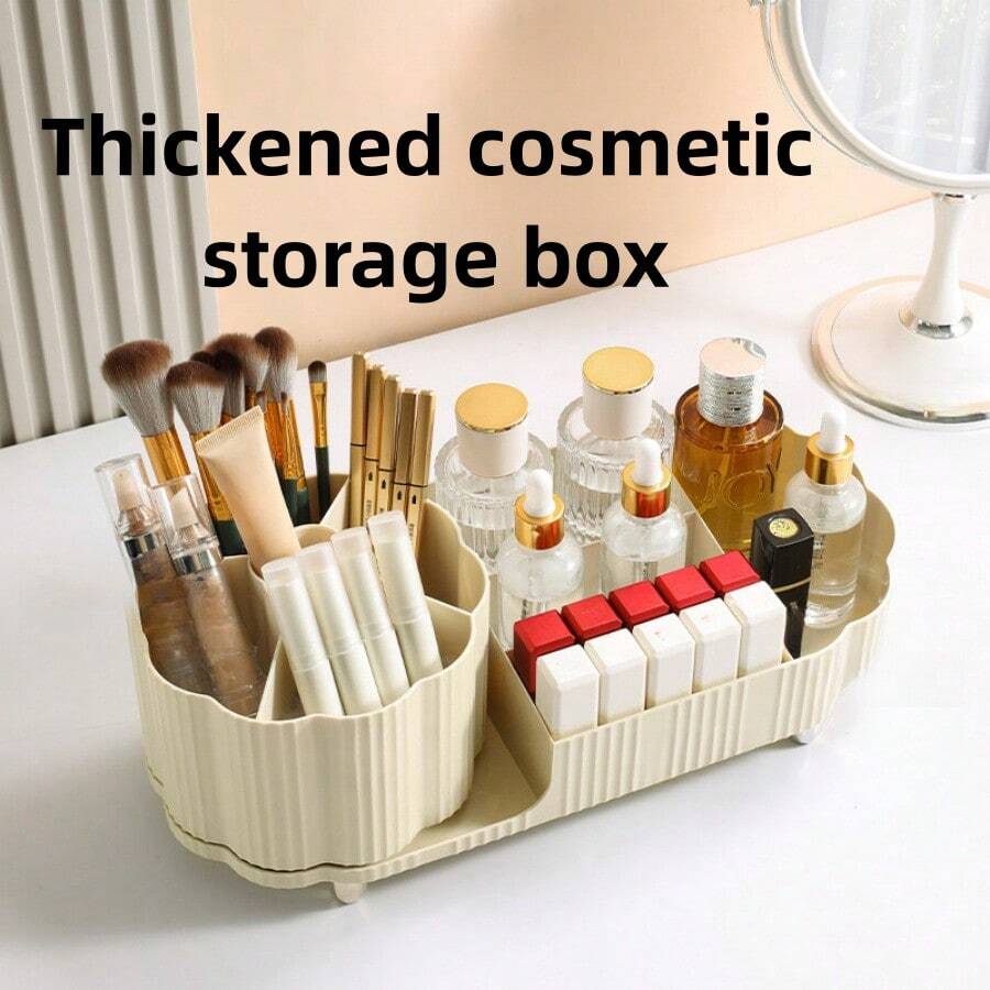 加厚化妆品收纳盒旋转笔筒梳妆台桌面大容量化妆刷口红眼影收纳架 - 白色 - 查看 1
