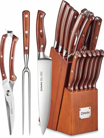 Knife Block Set, 16 Pieces German Stainless Steel Professional Kitchen Knife Set With Carving Fork