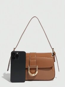 Retro Red Hottie Shoulder Bag, Leather-Coated Small Square Bag, Versatile Crossbody Purse With Buckle For Girls, Women, Students, Office Lady, Commute, School - Burgundy - Brown - View 2