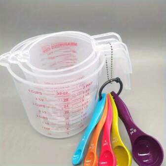 Set de 3 piezas, juego de tazas y cucharas de medir de plástico apilables, ideal para medir con precisión los ingredientes para cocinar y hornear, taza de medir con vertedor y mango, herramienta de horneado
