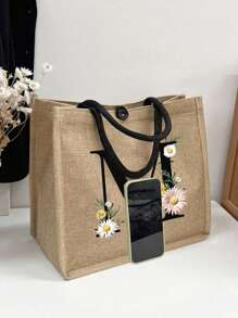 两件套，卡其色简约字母雏菊印花亚麻手提包，沙滩手提包带零钱包，便携式按扣，送给女朋友的礼物，多功能便携手提包，教师节礼物亚麻包