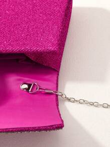 熱粉色迷你閃爍晚宴包，迷人褶皺方形包，閃亮的鑽石裝飾，金屬鏈，適用於婚禮晚宴 - 玫紅色 - 查看 7