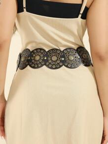 1 件女式 Y2K 风格圆形金属镂空腰带，宽版剪裁，美国复古亚文化街头时尚链条腰带，波西米亚风格圆形腰带，适合女士派对、日常穿着、圣诞节、感恩节礼物、大码夏季、秋季、万圣节 - 黑色 - 查看 6