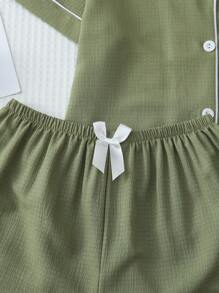 2pcs Women's Solid Color Summer Contrast Trim Polo Collar Pocket Embroidery Heart Short Sleeve Top And Bowknot Shorts Pajama Loungewear Set, Suitable For Home Use, Christmas - Army Green - View 6