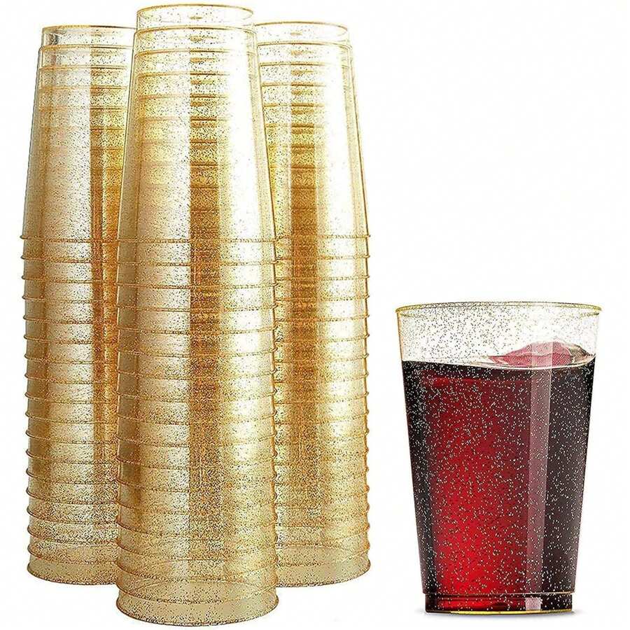 100 Glitter Plastic Cups 12 Oz Clear Plastic Cups Tumblers Gold Glitter Cups Disposable Wedding Cups Elegant Party Cups, Festival, Party, For Christmas Party - Gold - View 1