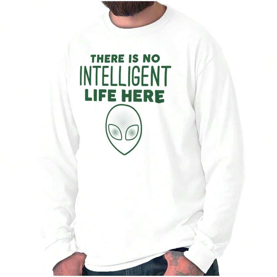 Funny Alien UFO Believers Sarcastic Long Sleeve TShirt Men - White - View 1