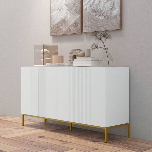  HOMCOM Buffet menuble de rangement design contemporain graphique 2 placards porte étagères réglables en bois blanc métal doré