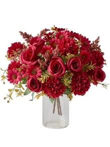 Bó hoa giả 1/3 bông, hoa hồng lụa, hoa cúc, hoa bồ công anh, thích hợp cho đám cưới, trang trí tiệc tại nhà, bàn ăn, ngày Valentine, quà tặng, sinh nhật, lễ tốt nghiệp. - Đỏ - Xem 3