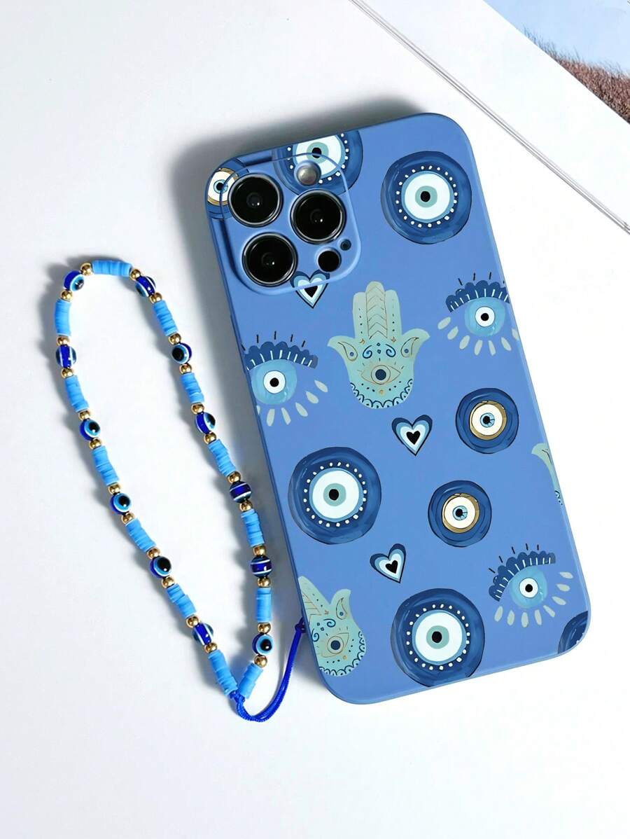 1pc Blue TPU Eye Pattern Shockproof Phone Case And 1pc Blue Eye Lanyard Strap Compatible With IPhone/Matching Phone Cases/Phone Cases With Lanyard/Wrist Strap Phone Cases/Fun Phone Cases/Android Phones/OPPO/Fits 17 PRO MAX/ 16 PRO MAX/ A52 4G/ A31 4G/ A23/Redmi Note 11 Pro 4G/Redmi Note 12 4G/OPPO A54/ A14/ A54