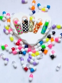 10 件/100 件可爱迷你多色树脂逼真胶囊药丸形美甲饰品，Y2K 风格美甲 DIY 装饰，适合女孩和女士，颜色随机美甲用品美甲美甲宝石 - 彩色 - 查看 5