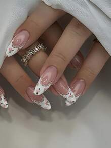 24入組杏仁型方形假指甲套裝，簡約白色法式風格，可愛的粉桃色假指甲，芭蕾舞女孩風格，完全覆蓋假指甲貼片，包括1張粘合貼片和1個小型檔 - 白色 - 查看 1