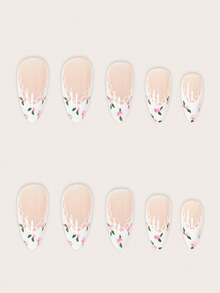 24入組杏仁型方形假指甲套裝，簡約白色法式風格，可愛的粉桃色假指甲，芭蕾舞女孩風格，完全覆蓋假指甲貼片，包括1張粘合貼片和1個小型檔 - 白色 - 查看 3