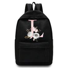 輕盈便攜粉紅色字母花印刷不分男女肩背包戶外運動背包大容量旅行徒步背包帆布袋休閒學校背包手提電腦包拉鍊組織器適用於男女青少年學生上學背包大學生理想選擇，適用於大學，商務，辦公，通勤，戶外，徒步旅行，攀登，體育場，運動會，郊遊，返校，校園背包，大容量，便攜式，適用於青少年女孩，大學生，男孩，小學，中學，高中，工作，商務，通勤，戶外，旅行，郊遊。