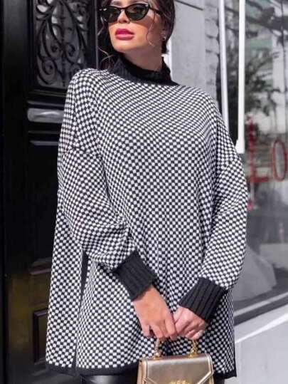 Poncho de Tricot Gola Alta Feminino Xadrez