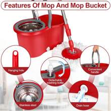 Spin Mop And Bucket With Wringer Set, 360° Mop And Bucket System With 3 Microfiber Mop Refills And 61" Extended Handle For Floor Cleaning - Red - View 4