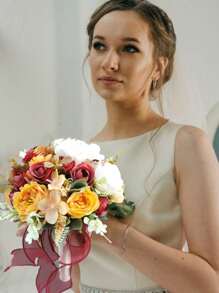 11.81in Artificial Flowers Bridal Bouquet European Chaise Longue Roses, Fake Flowers, Home Decoration Wedding Bouquet.Bridesmaid Bouquets For Wedding.Wedding Ceremony Anniversa Outdoor Decor - 黃色 - 查看 3