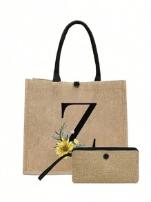 两件套，卡其色简约字母雏菊印花亚麻手提包，沙滩手提包带零钱包，便携式按扣，送给女朋友的礼物，多功能便携手提包，教师节礼物亚麻包