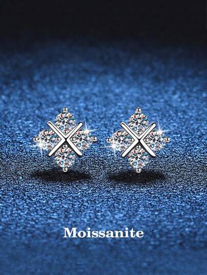 2pcs Sweet & Versatile 925 Silver Single 40 Points Moissanite Stud Earrings, Suitable For Women's Daily Wear & Festival Gifts