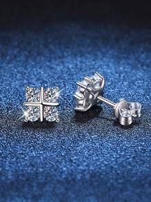 2pcs Sweet & Versatile 925 Silver Single 40 Points Moissanite Stud Earrings, Suitable For Women's Daily Wear & Festival Gifts - Silver - View 3