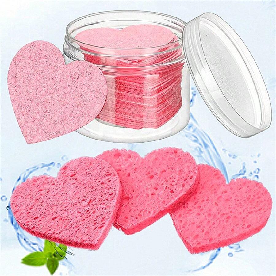 50pcs Heart Shaped Compressed Wood Pulp Facial Cleaning Pads With Jar