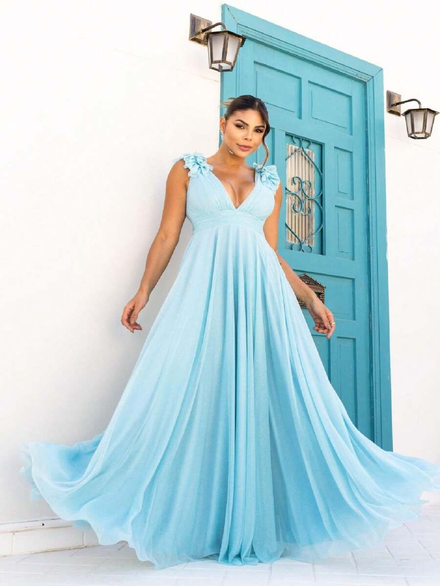 Vestido Longo de Festa Madrinhas com decote em V Detalhes nos Ombros Gylane Azul Serenity - Azul bebê - Visão 1
