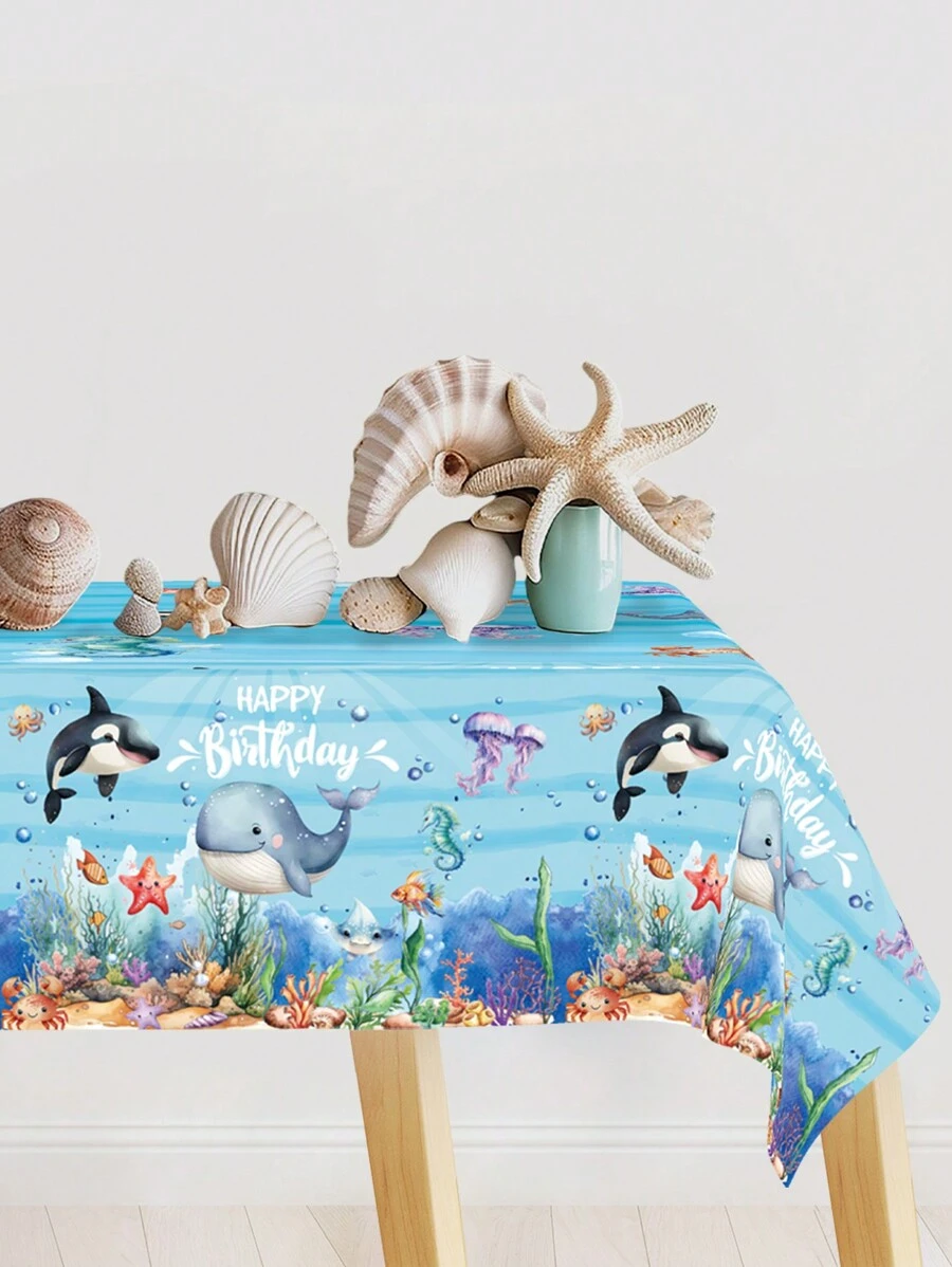 1pc 220*130cm Ocean Theme Shark, Shell, Dolphin Pattern Disposable Plastic Tablecloth, Suitable For Birthday Party, Pool Party, Blue Ocean Shark Theme Party Supplies, Embossed Edge Decor Tablecloth, Home Decor, Christmas