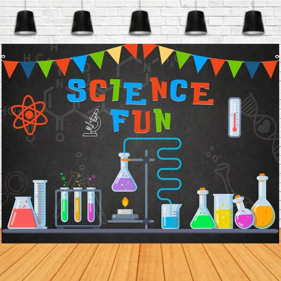 Banner de Fondos de Ciencias Divertidas para Fotografía, Cartel para la Fiesta de Cumpleaños de la Ciencia y Decoración de Fondo para Estudio Fotográfico - Tipo A - Ver 1