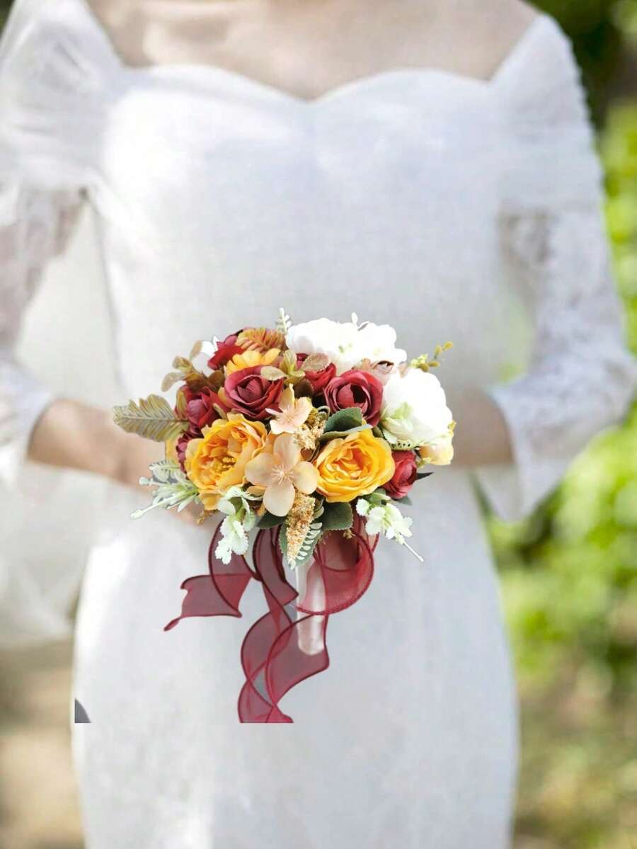 11.81in Artificial Flowers Bridal Bouquet European Chaise Longue Roses, Fake Flowers, Home Decoration Wedding Bouquet.Bridesmaid Bouquets For Wedding.Wedding Ceremony Anniversa Outdoor Decor - 黃色 - 查看 1